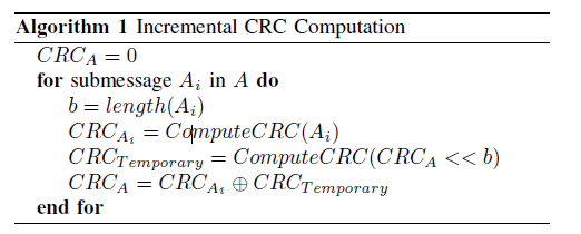 Algorithm 1 Incremental CRC Computation